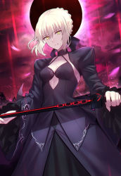 Rule 34 | 1girl, ahoge, artoria pendragon (all), artoria pendragon (fate), black dress, black ribbon, blonde hair, braid, breasts, cleavage, dress, eclipse, excalibur morgan (fate), fate/stay night, fate (series), french braid, hair between eyes, hair ribbon, highres, juliet sleeves, long hair, long sleeves, looking at viewer, pale skin, puffy sleeves, ribbon, saber alter, shigure s, slit pupils, small breasts, solo, yellow eyes