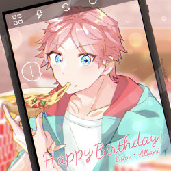 Rule 34 | !, 1boy, absurdres, artist name, blue eyes, blurry, blurry background, cellphone, character name, dino albani, eating, food, happy birthday, helios rising heroes, highres, koriyukika032, looking at viewer, male focus, phone, pink hair, pizza, short hair, sitting, smartphone, solo, spoken exclamation mark, upper body