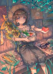 Rule 34 | 1girl, blue eyes, blush, brown hair, cha goma, collarbone, corn, cucumber, earrings, flower, food, hat, highres, holding, holding food, jewelry, looking at viewer, original, puffy short sleeves, puffy sleeves, short hair, short sleeves, sitting, smile, solo, straw hat, sunflower, tomato