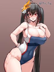 1girl 9is absurdres azur_lane black_hair breasts brown_background competition_swimsuit covered_erect_nipples covered_navel curvy eyebrows hand_on_own_hip highres large_breasts long_hair mask mask_on_head naughty_face navel one-piece_swimsuit red_eyes simple_background smile swimsuit taihou_(azur_lane) thick_thighs thighs twintails twitter_username yandere