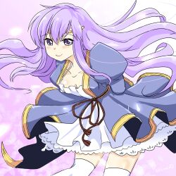 Rule 34 | 1girl, alternate costume, breasts, circlet, cleavage, dress, fire emblem, fire emblem: genealogy of the holy war, julia (fire emblem), leaning forward, long hair, nintendo, purple eyes, purple hair, simple background, skirt, small breasts, smile, solo, thighhighs, thighs, yukia (firstaid0)