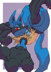 Rule 34 | 1boy, animal ears, animal feet, animal hands, arm up, artist name, black fur, blue fur, blush, body fur, border, claws, closed mouth, creatures (company), foreshortening, furry, furry male, game freak, gen 4 pokemon, happy, highres, kisenon (00kuromu00), light blush, looking at viewer, lucario, male focus, multicolored fur, navel, nintendo, outline, outside border, outstretched arm, pawpads, pokemon, pokemon (creature), purple background, reaching, reaching towards viewer, red eyes, sideways mouth, signature, simple background, smile, snout, solo, spikes, split mouth, tail, thick thighs, thighs, upside-down, white border, white outline, wide hips, wolf boy, wolf ears, wolf tail, yellow fur