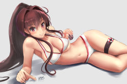 Rule 34 | 1girl, alternate costume, arm support, bikini, breasts, brown eyes, brown hair, gradient background, grey background, hair between eyes, haruto (harut n), highres, kantai collection, large breasts, long hair, matching hair/eyes, navel, parted lips, ponytail, revision, shadow, shiny skin, simple background, skindentation, smile, solo, swimsuit, white bikini, yamato (kancolle)