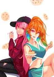 Rule 34 | 2girls, alternate costume, body freckles, breasts, cheerleader, chocolate chip cookie, cookie, earrings, feather earrings, feathers, food, freckles, gezelvt, gradient hair, green hair, hat, holding, hololive, hololive english, jewelry, large breasts, long hair, looking at viewer, mori calliope, multicolored hair, multiple girls, open mouth, orange hair, pink hair, purple eyes, smile, takanashi kiara, virtual youtuber
