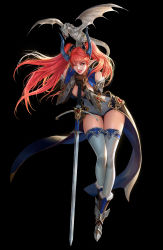 Rule 34 | 1girl, absurdres, armor, bare shoulders, black background, boots, breasts, cleavage, contrapposto, demon horns, detached sleeves, dragon, faulds, full body, fur boots, fur trim, gloves, greaves, hair ornament, highres, holding, holding sword, holding weapon, horns, leaning back, legs together, leotard, long hair, looking at viewer, md5 mismatch, armored boots, mini dragon, one eye closed, orange eyes, original, parted lips, planted, planted sword, planted weapon, pointy ears, ponytail, resolution mismatch, simple background, smile, solo, source smaller, standing, sword, taekwon kim, tail, thigh gap, thighhighs, tongue, tongue out, twintails, vambraces, weapon, white thighhighs, wings