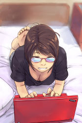 Rule 34 | 1girl, barefoot, bed sheet, blush, breasts, brown eyes, brown hair, carina (xiaowoo), cleavage, computer, downblouse, feet, glasses, grin, highres, laptop, lying, on stomach, original, pillow, reflection, short hair, smile, solo, thinkpad