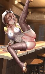 Rule 34 | 1girl, aftersex, atelier (series), atelier ryza, atelier ryza 1, bar (place), bar stool, beret, black hairband, blurry, blurry background, blush, boots, breasts, brown eyes, brown footwear, brown hair, censored, cum, cum in pussy, cumdrip, detached sleeves, disembodied limb, ginhaha, hair ornament, hairband, hairpin, hat, hetero, highres, imminent penetration, indoors, jacket, jewelry, large breasts, leg up, mixed-language commentary, mosaic censoring, navel, necklace, no panties, on counter, open mouth, paid reward available, parted lips, penis, pouch, pussy, reisalin stout, shirt, short hair, sidelocks, sleeveless, sleeveless jacket, sleeveless shirt, smile, solo, spread legs, star (symbol), star necklace, stool, thigh boots, thigh pouch, thighhighs, thighhighs under boots, toeless footwear, white headwear, white shirt, white thighhighs, yellow jacket