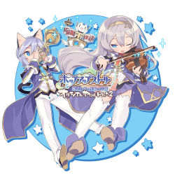 Rule 34 | 1boy, 1girl, album cover, animal ears, blade (galaxist), blue eyes, blue hair, blush, cat, cat boy, cat ears, cat tail, cover, drum, full body, hairband, highres, instrument, ledo vassar, light blue hair, long hair, lucille aleister, official art, one eye closed, open mouth, pop-up story, school uniform, shiroe adele, silver hair, simple background, skirt, smile, sparkle, tail, thighhighs, trumpet, violin, white background, white thighhighs