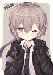 Rule 34 | 1girl, absurdres, black gloves, black jacket, black necktie, blush, brown hair, character name, closed mouth, collared shirt, commentary, girls&#039; frontline, gloves, grey background, hair between eyes, hands up, highres, jacket, long hair, long sleeves, looking at viewer, low ponytail, m200 (girls&#039; frontline), necktie, one eye closed, open clothes, open jacket, ponytail, purple eyes, shirt, solo, suggestive fluid, two-tone background, upper body, very long hair, waste (arkaura), wavy mouth, white background, white shirt