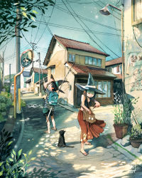 Rule 34 | 2girls, :o, adjusting clothes, adjusting headwear, air conditioner, animal, arm up, artist logo, aya (simz), backpack, bag, bare arms, bare shoulders, black cat, black hair, black headwear, black shorts, black tank top, blue bag, blue sky, brown bag, building, cat, closed eyes, closed mouth, crop top, dappled sunlight, dated, facing viewer, fanny pack, fishing rod, flip-flops, flower pot, from behind, from side, hand on headwear, hand up, hat, highres, holding, holding wand, house, lamppost, legs apart, light particles, long hair, long skirt, looking at mirror, looking up, mirror, multiple girls, ony (simz), original, outdoors, painting (medium), pentagram, plant, pleated skirt, poster (object), potted plant, pouch, power lines, profile, red skirt, reflection, reverse trap, road, round teeth, sandals, scenery, shade, shadow, shirt, short hair, short sleeves, shorts, shoulder bag, sidewalk, sideways mouth, simz, skirt, sky, sleeveless, standing, straight hair, street, striped clothes, striped shirt, sunlight, t-shirt, tank top, teeth, tomboy, traditional media, traffic mirror, tree, tree shade, u u, upper teeth only, utility pole, wand, watercolor (medium), wide shot, witch hat