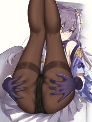 Rule 34 | 1girl, ass, ass grab, bare shoulders, black panties, black pantyhose, blush, cameltoe, cone hair bun, double bun, eleaaa, frilled gloves, frilled skirt, frilled sleeves, frills, genshin impact, gloves, grabbing own ass, hair bun, hair ornament, highres, keqing (genshin impact), legs, legs up, lying, on back, panties, pantyhose, purple eyes, purple hair, resolution mismatch, revision, see-through, simple background, skirt, sleeveless, solo, source larger, spread ass, thighs, underwear, white background