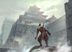 Rule 34 | 1boy, architecture, black hair, boots, branch, castle, cloud, cloudy sky, commentary, east asian architecture, facing away, fog, from behind, holding, holding weapon, katana, male focus, miso katsu, outdoors, scarf, scenery, sekiro: shadows die twice, sheath, sheathed, sky, solo, standing, sword, weapon, white scarf