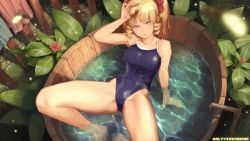 Rule 34 | 1girl, arm support, artist name, bad id, bad twitter id, bare shoulders, bath, bathtub, blonde hair, blue eyes, blue one-piece swimsuit, breasts, bug, competition school swimsuit, drill hair, firefly, flower, groin, hair ribbon, head tilt, insect, long hair, medium breasts, one-piece swimsuit, original, partially submerged, plant, red ribbon, ribbon, saltyicecream, school swimsuit, shiny clothes, sidelocks, solo, swimsuit, thighs, tsurime, twin drills, twintails, wet