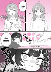 Rule 34 | ..., :3, ?, ??, absurdres, ahoge, closed eyes, commentary, english commentary, english text, highres, hyaluron &amp; daruma, jewelry, limited palette, long hair, multicolored hair, original, pink theme, ring, ring removed, short sleeves, smile, speech bubble, sweatdrop, two-tone hair, unworn jewelry, wedding ring, yuri