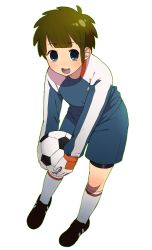 Rule 34 | 1boy, ball, brown hair, full body, gloves, highres, inazuma eleven, inazuma eleven (series), male focus, open mouth, short hair, simple background, soccer ball, solo, standing, tachimukai yuuki, white background