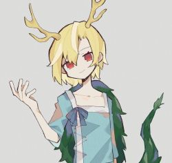 Rule 34 | 1girl, antlers, blonde hair, blue shirt, commentary request, dragon horns, dragon tail, grey background, hand up, hatsushiro mamimu, horns, kicchou yachie, looking at viewer, red eyes, shirt, short hair, short sleeves, simple background, smile, solo, tail, touhou, turtle shell