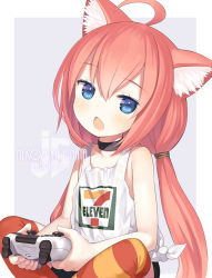 Rule 34 | 1girl, 7-eleven, ahoge, animal ear fluff, animal ears, artist name, asymmetrical legwear, bare arms, bare shoulders, bike shorts, black choker, black shorts, blue eyes, blush, capriccio, cat ears, character name, choker, collarbone, commentary request, controller, fang, game controller, hair between eyes, head tilt, hinata channel, holding, long hair, looking at viewer, low twintails, mismatched legwear, nekomiya hinata, open mouth, orange thighhighs, pink hair, shirt, short shorts, shorts, sidelocks, sitting, solo, striped clothes, striped thighhighs, tank top, thighhighs, twintails, very long hair, virtual youtuber, white shirt