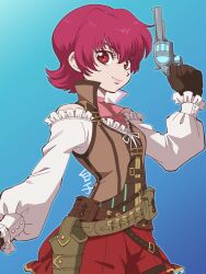 Rule 34 | 1girl, arm up, bandolier, belt, black gloves, bullet, choker, closed mouth, collared vest, flipped hair, gloves, gun, handgun, highres, holding, holding gun, holding weapon, holster, iria animi, looking at viewer, pants, red eyes, red hair, red pants, revolver, scarf, shirako (kirupi), shirt, short hair, simple background, smile, solo, standing, tales of (series), tales of innocence, vest, weapon, white shirt