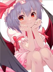 Rule 34 | 1girl, bat wings, closed mouth, commentary request, dress, hands on own face, hat, hat ribbon, highres, looking at viewer, mob cap, pink dress, pink hat, purple hair, red eyes, red ribbon, remilia scarlet, ribbon, shiroi karasu, short hair, short sleeves, simple background, smile, solo, touhou, white background, wings