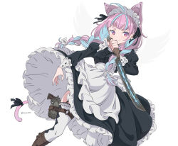 Rule 34 | 1girl, ahoge, animal ears, apex legends, apron, black dress, black ribbon, blue hair, braid, breasts, cat ears, cat tail, center frills, closed mouth, colored inner hair, commentary request, dress, frilled apron, frilled dress, frilled sleeves, frills, hair ribbon, highres, holding, holding weapon, hololive, holster, long hair, long sleeves, looking at viewer, maid, maid headdress, medium breasts, minato aqua, minato aqua (1st costume), multicolored hair, purple eyes, purple hair, ribbon, smile, solo, streaked hair, tail, tail ornament, tail ribbon, thigh holster, thighhighs, twin braids, two-tone hair, vinhnyu, virtual youtuber, weapon, white apron, white thighhighs