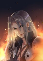 Rule 34 | 1boy, armor, black jacket, chest strap, closed mouth, commentary request, embers, final fantasy, final fantasy vii, fire, green eyes, grey hair, hair behind ear, high collar, jacket, kudou asami, light smile, lips, long hair, looking at viewer, male focus, parted bangs, sephiroth, shoulder armor, solo, upper body