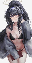 Rule 34 | 1girl, absurdres, akqne, bags under eyes, bikini, black hair, blue archive, blue eyes, blue hairband, breasts, cardigan, cleavage, collarbone, cowboy shot, grey background, grey cardigan, hairband, halo, high ponytail, highres, jewelry, long hair, long sleeves, medium breasts, navel, necklace, o-ring, o-ring bikini, o-ring top, official alternate costume, open cardigan, open clothes, open mouth, ring, ring necklace, simple background, solo, standing, stomach, swimsuit, ui (blue archive), ui (swimsuit) (blue archive), wet