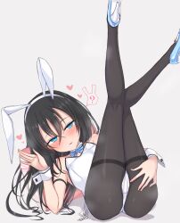 Rule 34 | 1girl, ?, absurdres, alternate hair length, alternate hairstyle, animal ears, ass, bare shoulders, black hair, black pantyhose, blue bow, blue eyes, blue footwear, blush, bow, breasts, collar, detached collar, fake animal ears, feet out of frame, grey background, hair between eyes, hairband, hand up, heart, high heels, highres, layla (mino), legs up, leotard, long hair, looking at viewer, lying, nonono (mino), on back, original, pantyhose, parted lips, pillow, playboy bunny, rabbit ears, ringed eyes, shoe soles, simple background, small breasts, solo, spoken question mark, strapless, strapless leotard, sweat, thighband pantyhose, very long hair, white collar, white hairband, white leotard, wrist cuffs