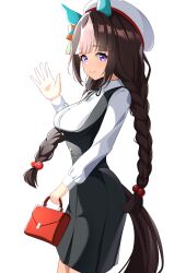 Rule 34 | 1girl, absurdres, alternate costume, animal ears, bag, blush, braid, breasts, brown hair, closed mouth, commentary request, cowboy shot, dress, ear covers, ear ornament, handbag, hat, highres, hokko tarumae (umamusume), holding, holding bag, horse ears, horse girl, horse tail, long hair, long sleeves, looking at viewer, medium breasts, multicolored hair, purple eyes, red bag, simple background, smile, solo, streaked hair, sunny (20597521), tail, twin braids, umamusume, very long hair, white background, white hair, white hat
