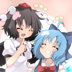 Rule 34 | ^^^, 1girl, ahoge, black hair, black wings, blue hair, blush, bow, bowtie, cirno, do (4-rt), closed eyes, finger to mouth, hair bow, hat, highres, ice, ice wings, neck ribbon, ribbon, shameimaru aya, short hair, smile, tokin hat, touhou, wings
