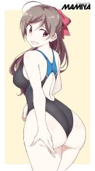 Rule 34 | 1girl, :d, ahoge, ass, back, black one-piece swimsuit, breasts, brown hair, character name, commentary request, competition swimsuit, cowboy shot, curvy, hair ornament, hair ribbon, hairclip, highres, kantai collection, large breasts, long hair, looking back, mamiya (kancolle), one-piece swimsuit, open mouth, purple eyes, red ribbon, ribbon, shigino sohuzi, sideboob, smile, solo, swimsuit