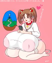 Rule 34 | 1girl, animal ears, bell, borrowed character, breasts, brown eyes, brown hair, cellphone, collar, cow ears, cow girl, cow horns, cow tail, female focus, gigantic breasts, hair bobbles, hair ornament, highres, horns, horuta suin, inverted nipples, large areolae, nipples, no bra, no pants, open mouth, original, panties, phone, pink panties, see-through, shirt, simple background, siro (pixiv165008), sitting, smartphone, tail, thighhighs, translation request, twintails, underwear, wariza, white shirt, white thighhighs