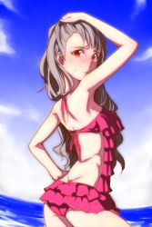 Rule 34 | 10s, 1girl, arm up, ass, back, black hair, blush, casual one-piece swimsuit, clearite, cloud, day, from behind, grey hair, hand on own hip, hand over head, idolmaster, idolmaster cinderella girls, kamiya nao, long hair, looking at viewer, looking back, ocean, one-piece swimsuit, outdoors, pink one-piece swimsuit, red eyes, sky, smile, solo, standing, sweatdrop, swimsuit, wading, water, wavy mouth