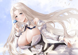 Rule 34 | 1girl, absurdres, azur lane, bare shoulders, blue eyes, blue flower, blue ribbon, blue rose, blush, bodice, breasts, cleavage, clothing cutout, commentary, cowboy shot, dress, dutch angle, english commentary, feathers, floating hair, flower, hand fan, hand up, highres, holding, holding fan, irkawaza, large breasts, long hair, long sleeves, looking at viewer, low neckline, neck ribbon, parted bangs, parted lips, ribbon, rose, shoulder cutout, smile, solo, standing, very long hair, white dress, white hair, yorktown (azur lane), yorktown ii (azur lane)
