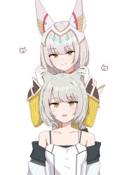 Rule 34 | 2girls, absurdres, animal ears, camisole, cat ears, chirun0, commentary, ear covers, english commentary, grey hair, hand on another&#039;s ear, highres, jacket, light blush, looking at another, mio (xenoblade), mother and daughter, multiple girls, nia (xenoblade), off shoulder, short hair, simple background, smile, upper body, xenoblade chronicles (series), xenoblade chronicles 3, yellow eyes