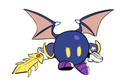 Rule 34 | 1boy, bat wings, dede (qwea 00000), galaxia (sword), gloves, holding, holding sword, holding weapon, kirby (series), meta knight, nintendo, no humans, no mouth, pauldrons, shoulder armor, simple background, solo, sword, weapon, white background, wings, yellow eyes