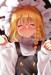 Rule 34 | 1girl, blonde hair, blush, braid, closed mouth, commentary request, hair between eyes, hair ribbon, hat, highres, kirisame marisa, long sleeves, mukkushi, one eye closed, red ribbon, ribbon, single braid, solo, touhou, turret, witch hat, yellow eyes