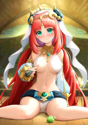 Rule 34 | 1girl, areola slip, arm at side, bare shoulders, blue sleeves, blurry, blurry background, blush, breasts, breasts apart, brooch, cameltoe, closed mouth, covered erect nipples, crop top, detached sleeves, embarrassed, female focus, food, fruit, gem, genshin impact, gold, green eyes, green gemstone, habit, hand up, headpiece, highres, indoors, jewelry, legs, long hair, long sleeves, looking at viewer, medium breasts, navel, nilou (genshin impact), nose blush, on floor, panties, parted bangs, red hair, royboy, sash, shirt, sidelocks, sitting, sleeveless, sleeveless shirt, solo, sparkle, stomach, sweat, underwear, very long hair, wariza, white headwear, white panties, white shirt, wooden floor