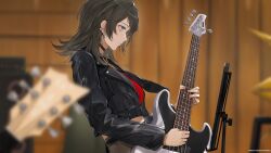 Rule 34 | 1girl, bang dream!, bang dream! it&#039;s mygo!!!!!, bass guitar, black choker, black hair, black jacket, blue eyes, blurry, blurry background, blurry foreground, breasts, choker, copyright notice, cowboy shot, crop top, cropped jacket, depth of field, earclip, electric guitar, film grain, from side, guest art, guitar, highres, holding, holding instrument, indoors, instrument, jacket, long sleeves, marumoru, medium breasts, midriff, music, official art, playing bass, playing instrument, profile, red shirt, second-party source, shirt, solo, yahata umiri