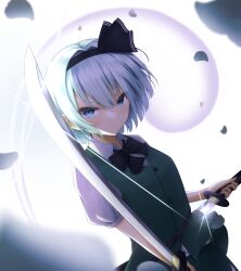 Rule 34 | 1girl, absurdres, black bow, black hairband, blue eyes, blurry, bow, breasts, commentary, depth of field, expressionless, eyelashes, falling petals, fighting stance, glint, green jacket, green skirt, hair between eyes, hair bow, hairband, hand on hilt, highres, holding, holding sword, holding weapon, jacket, katana, konpaku youmu, konpaku youmu (ghost), looking at viewer, petals, puffy short sleeves, puffy sleeves, serious, shirt, short hair, short sleeves, sidelighting, simple background, skirt, sleeveless, sleeveless jacket, small breasts, solo, sword, szl, touhou, v-shaped eyebrows, weapon, white background, white hair, white shirt