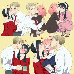 Rule 34 | 1boy, 2girls, anya (spy x family), bare shoulders, black hair, blonde hair, blush, dress, earrings, family, father and daughter, hairband, highres, holding, jewelry, kiss, kissing cheek, long hair, miyuli, mother and daughter, multiple girls, pink hair, red eyes, red sweater, shirt, short hair, smile, spy x family, sweater, tagme, twilight (spy x family), yor briar