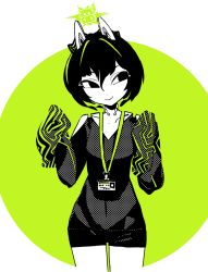 Rule 34 | 1girl, :&gt;, animal ears, black eyes, black hair, cat ears, closed mouth, colored skin, cowboy shot, dress, green theme, hair between eyes, halftone, hands up, id card, idkuroi, kokubunji suou, lanyard, long sleeves, looking to the side, mechanical ears, medium hair, mole, mole under mouth, original, sideways glance, sleeves past fingers, sleeves past wrists, smile, solo, standing, white skin