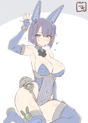 Rule 34 | 1girl, adapted costume, alternate hair length, alternate hairstyle, animal ears, arm at side, arm up, armpits, artist name, assault lily, bare shoulders, black bow, black bowtie, blue footwear, blue gloves, blue leotard, blunt bangs, blush, boots, bow, bowtie, breasts, butterfly hair ornament, cleavage, closed mouth, covered navel, detached collar, elbow gloves, fingerless gloves, flying sweatdrops, funada kiito, gloves, gochisousama (tanin050), green eyes, grey background, hair between eyes, hair ornament, highleg, highleg leotard, highres, large breasts, leotard, looking at viewer, mechanical ears, mechanical tail, playboy bunny, purple hair, rabbit ears, rabbit pose, short hair, sitting, solo, strapless, strapless leotard, tail, thigh boots, two-tone background, v-shaped eyebrows, white background, yokozuwari