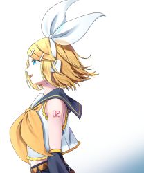 Rule 34 | 1girl, absurdres, bare shoulders, belt, black collar, blonde hair, blue eyes, bow, collar, commentary, from side, hair bow, hair ornament, hairclip, half-closed eyes, headphones, highres, inu8neko, kagamine rin, neckerchief, open mouth, sailor collar, school uniform, see-through, see-through sleeves, shirt, short hair, shoulder tattoo, smile, solo, swept bangs, tattoo, upper body, vocaloid, white background, white bow, white shirt, yellow neckerchief