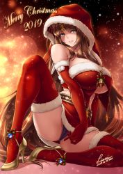 Rule 34 | 1girl, ankle ribbon, arm support, bare shoulders, belt, blush, boots, breasts, brown hair, christmas, dated, fur-trimmed boots, fur-trimmed skirt, fur trim, gaia (lioreo), gloves, gold footwear, green eyes, high heels, highres, huge breasts, leg ribbon, light particles, lioreo, long hair, looking at viewer, original, panties, purple panties, red footwear, red gloves, red skirt, ribbon, santa costume, sidelocks, signature, sitting, skirt, smile, solo, spread legs, thigh boots, thighhighs, thighs, underwear, very long hair