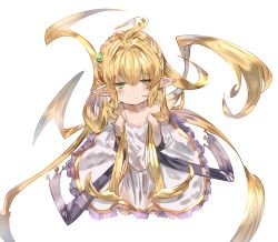 Rule 34 | 1girl, ahoge, bare shoulders, blonde hair, blush, closed mouth, collarbone, commentary request, dress, full body, glint, granblue fantasy, green eyes, hair between eyes, hair intakes, hair ornament, hands up, harvin, highres, holding, holding own hair, long hair, looking at viewer, melissabelle, ponytail, seiza, simple background, sitting, sleeveless, sleeveless dress, solo, tota (sizukurubiks), very long hair, white background, white dress