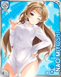 Rule 34 | 1girl, bare legs, blue background, blue bow, bottomless, bow, braid, brown eyes, brown hair, card, character name, closed mouth, dress shirt, girlfriend (kari), hand on own hip, long hair, miyoshi nao, official art, qp:flapper, shirt, smile, solo, standing, tagme, white shirt