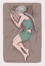 Rule 34 | 0321smith, 1girl, bare arms, barefoot, closed eyes, commentary request, from above, full body, green shorts, green tank top, grey hair, gundam, gundam suisei no majo, long hair, lying, miorine rembran, on back, on bed, pillow, ponytail, shorts, sleeping, solo, tank top