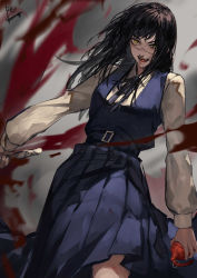 Rule 34 | 1girl, absurdres, black hair, blood, breasts, chainsaw man, collared shirt, dress, explosive, facial scar, highres, long hair, long sleeves, looking at viewer, neck ribbon, open mouth, peperon (peperou), pinafore dress, ribbon, ringed eyes, scar, scar on cheek, scar on face, school uniform, shirt, simple background, sleeveless, sleeveless dress, smile, solo, white shirt, yellow eyes, yoru (chainsaw man)