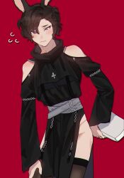 Rule 34 | 1boy, belt, black hair, brown thighhighs, closed mouth, crossdressing, final fantasy, final fantasy xiv, flying sweatdrops, gg dal, grey belt, habit, long sleeves, looking at viewer, male focus, nun, pelvic curtain, purple eyes, red background, short hair, side slit, simple background, solo, standing, thighhighs, viera, warrior of light (ff14)