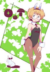 Rule 34 | 1girl, animal ears, aqua eyes, black leotard, blonde hair, breasts, club (shape), contrapposto, detached collar, fake animal ears, feet out of frame, freckles, glasses, heart, hys-d, leotard, little witch academia, looking at viewer, lotte jansson, pantyhose, parted lips, playboy bunny, rabbit ears, round eyewear, semi-rimless eyewear, short hair, small breasts, solo, spade (shape), strapless, strapless leotard, under-rim eyewear, wrist cuffs